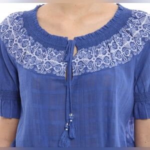 Tory Burch Nina Blouse Embroidery White Blue Peasant Cotton Western Boho Medium